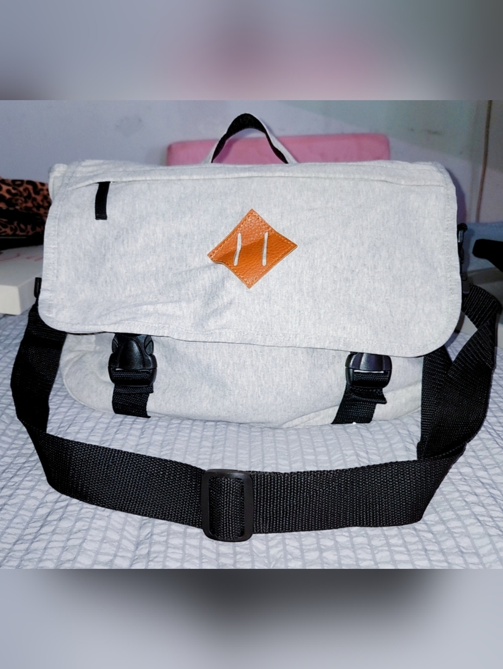 Men's Light Gray Canvas Messenger Bag with Black Strap and Tan Accent